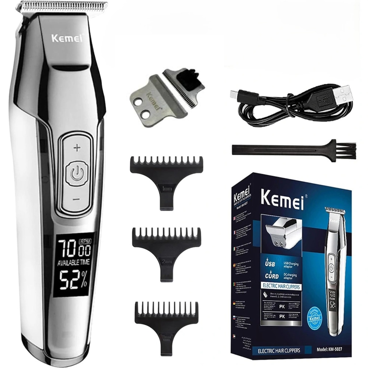 ماشین اصلاح کیمی مدل KM-5027 به همراه تیغه یدک اصلی و حک شده برند کیمی